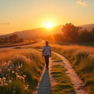 Sunday Morning Blessing image with golden sunlight, blooming flowers, and a message of faith and hope.