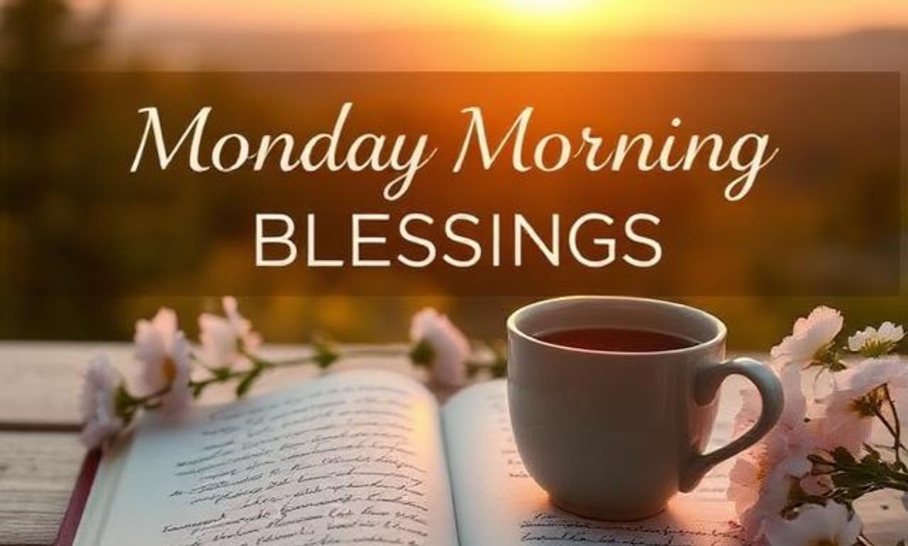 Monday Morning Blessings with a peaceful sunrise, coffee cup, open journal, and inspirational message to start the week with faith and positivity.
